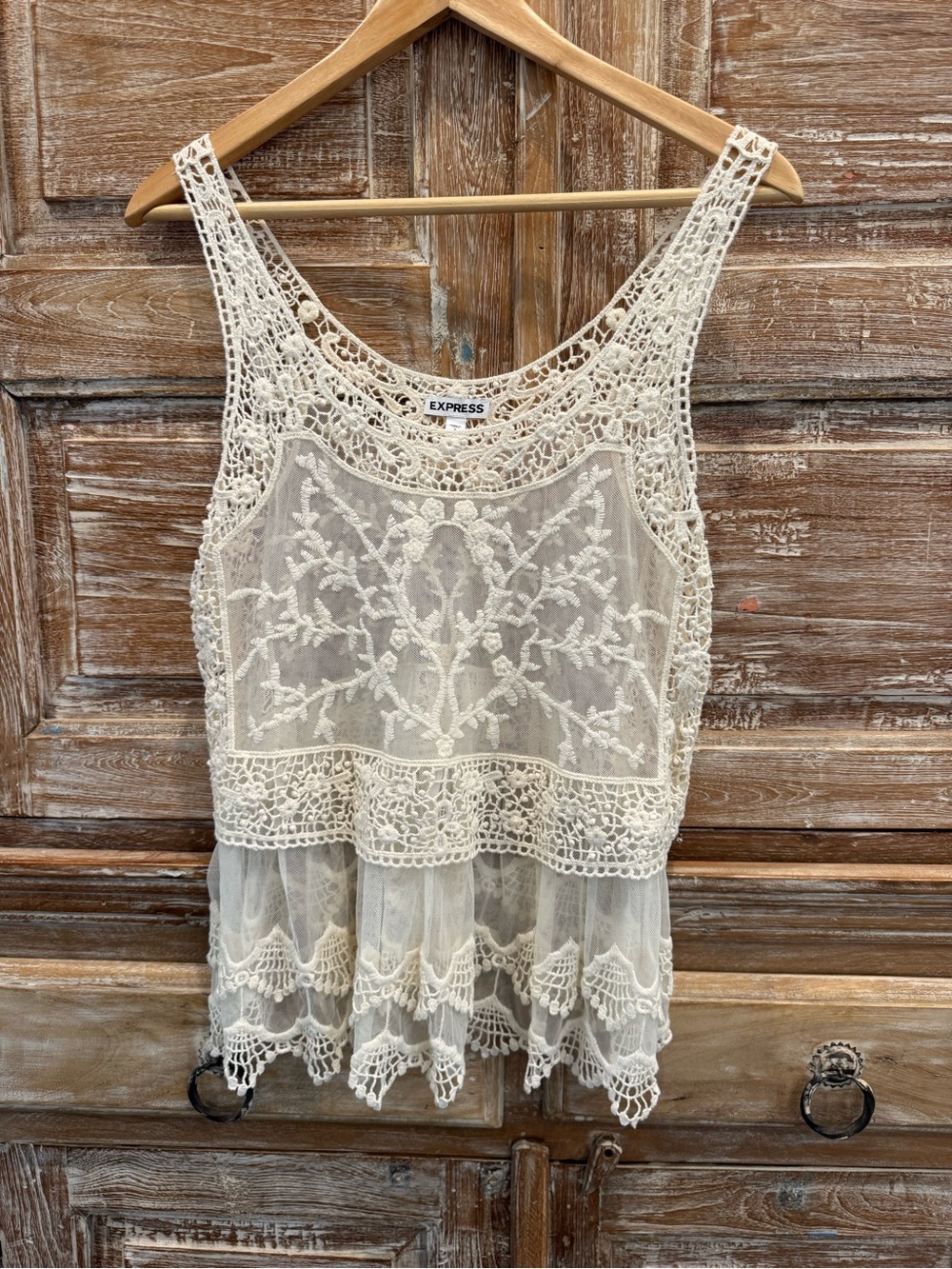 Express Boho Chic Sheer Floral Lace Tiered Peplum Tank Crochet Ivory Cottage